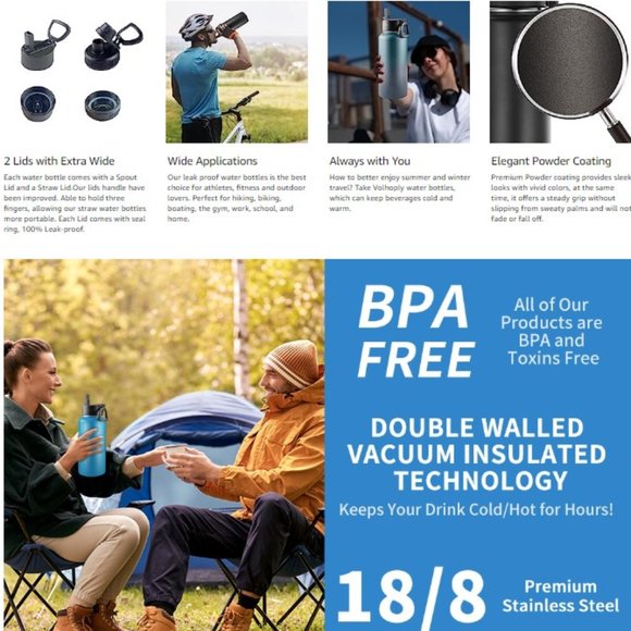 Insulated Stainless Steel Sports Water Bottle - Leak Proof w/ 2 Lids - Picture 8 of 10